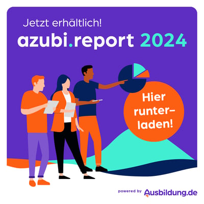 Der Azubireport 2024 von Ausbildung.de: Eine Zeichnung von Menschen, die auf ein Diagramm deuten