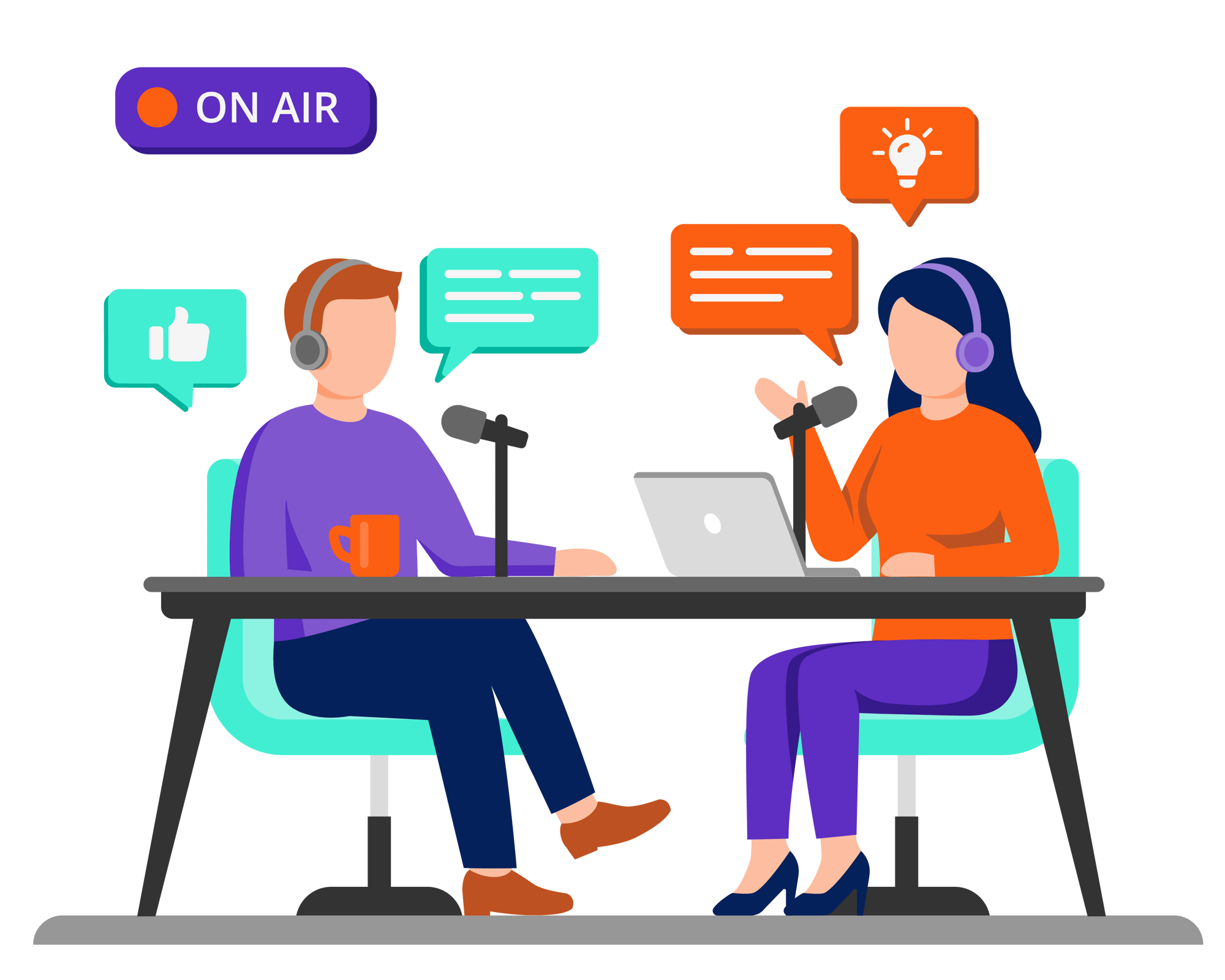 Illustration einer Podcast-Aufnahme mit zwei Hosts im Studio, Mikrofonen und Kopfhörern.