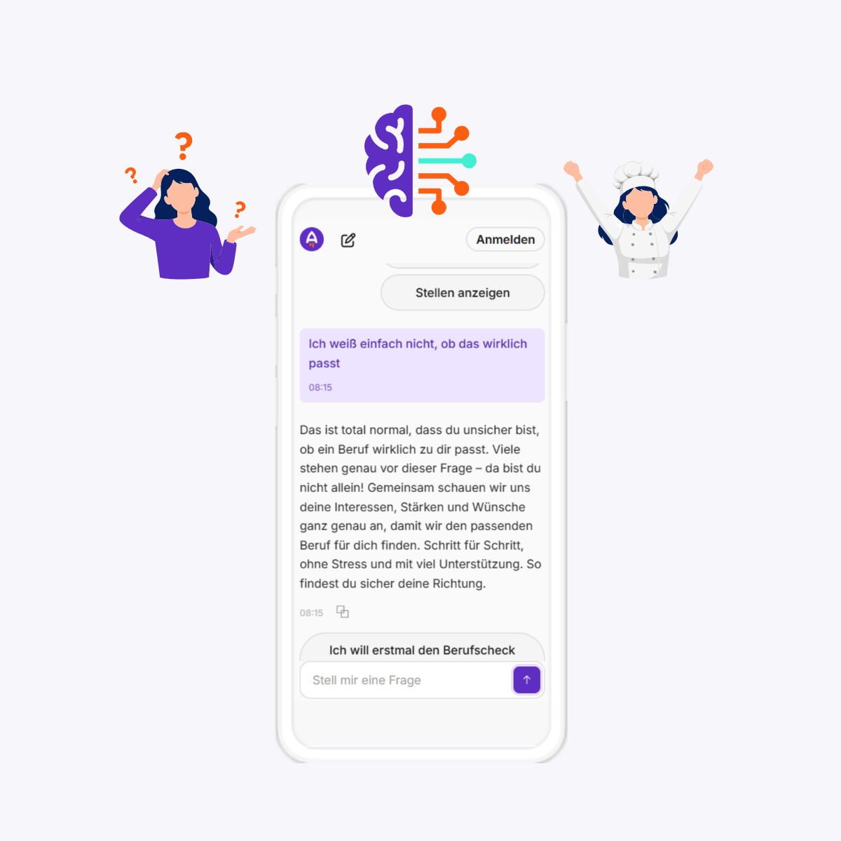 KI-Chatbot Abby auf Smartphone unterstützt Jugendliche bei der Berufsorientierung – von Unsicherheit zur passenden Ausbildung.