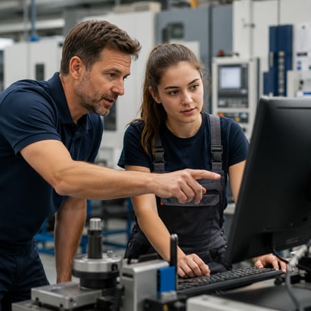 Ausbilder·in und Azubi an einem Arbeitsplatz, gemeinsam vor einem Bildschirm oder einer Maschine, im Gespräch