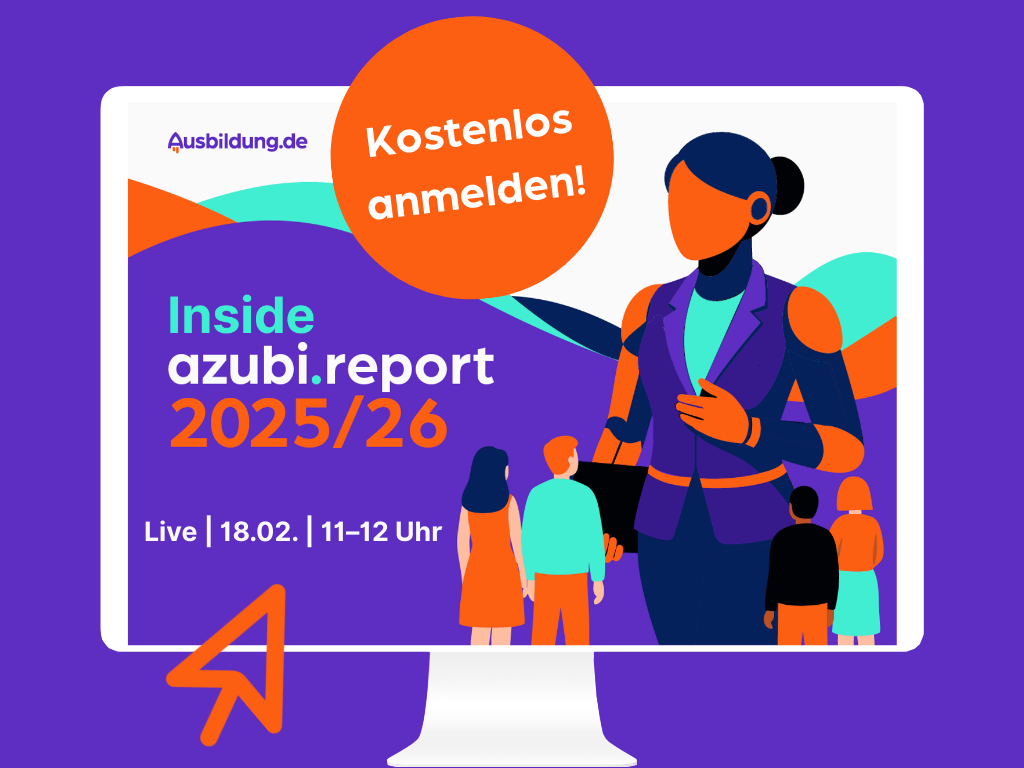 Banner zum kostenlosen Webinar „Inside azubi.report 2025/26“ am 18.02. von 11–12 Uhr.