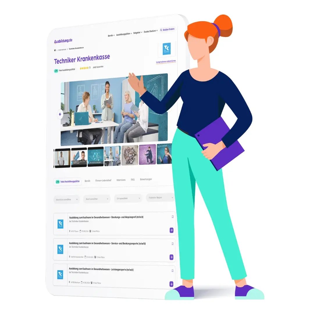 Illustration einer Frau mit Tablet vor einem großen Screen mit dem Ausbildung.de-Profil ‚Techniker Krankenkasse‘ samt Bildergalerie und Ausbildungsangeboten