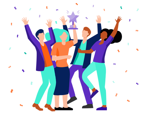 Illustration einer jubelnden Gruppe mit Trophäe als Symbol für Auszeichnungen und Awards von Ausbildung.de