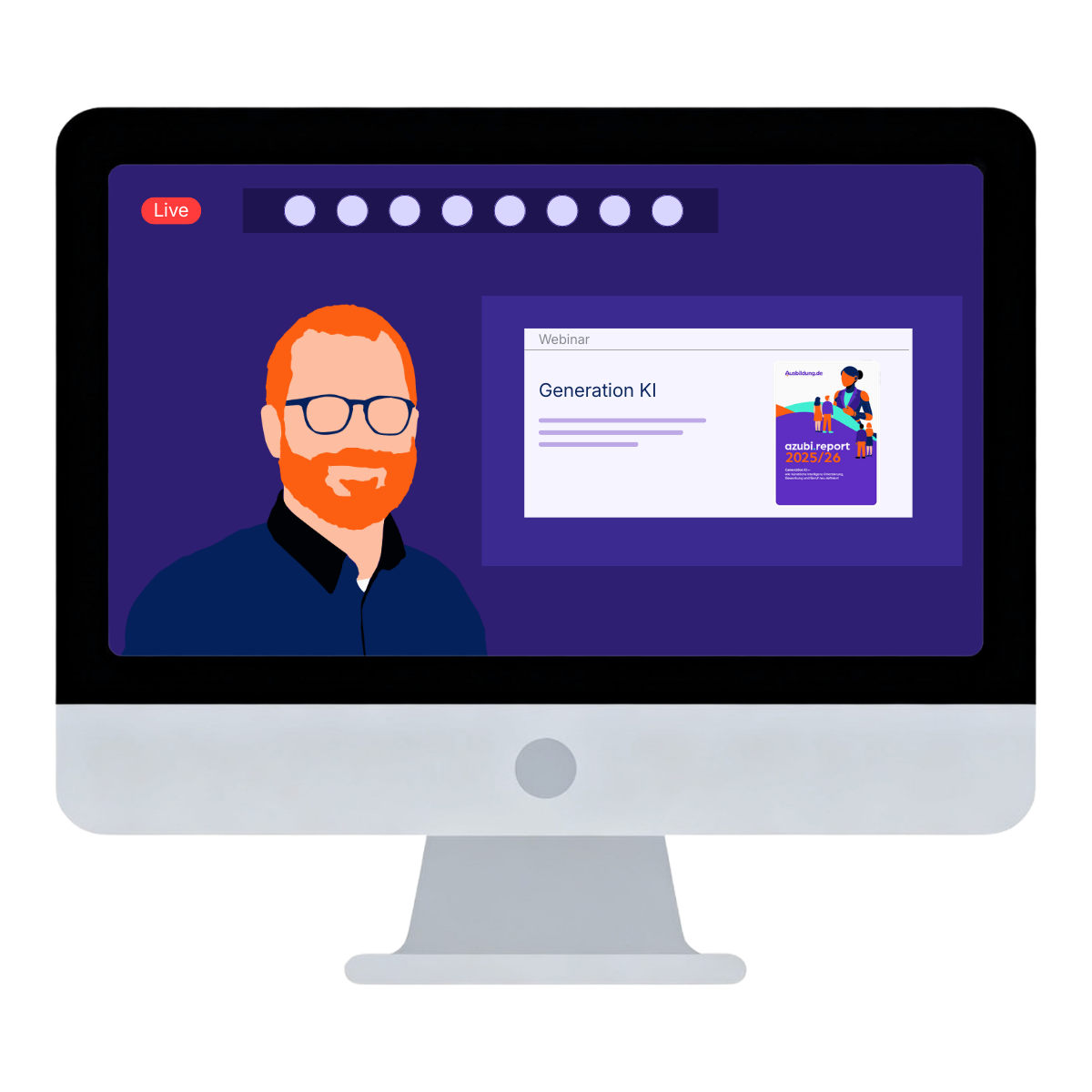 Desktop-Monitor mit Live-Webinar zu ‚Generation KI‘ und eingeblendeter Studien-Grafik