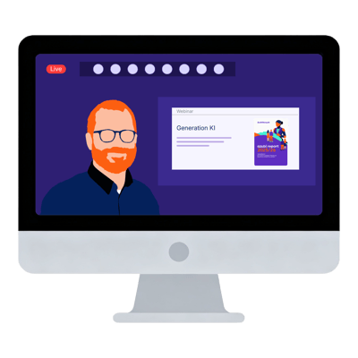 Desktop-Monitor mit Live-Webinar zu ‚Generation KI‘ und eingeblendeter Studien-Grafik