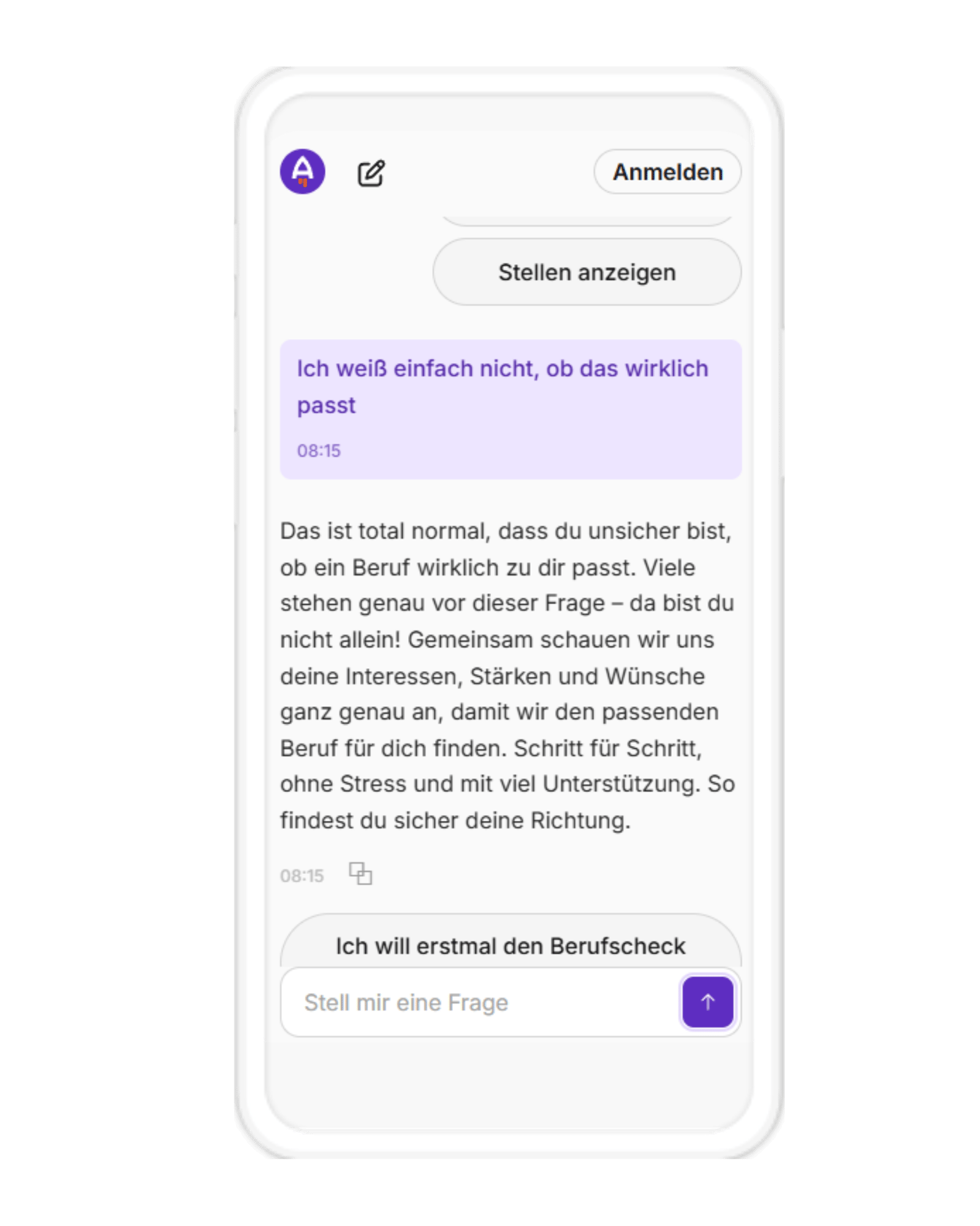 Smartphone-Chat mit KI-Berufsberater Abby zur Unterstützung bei der Berufsorientierung.