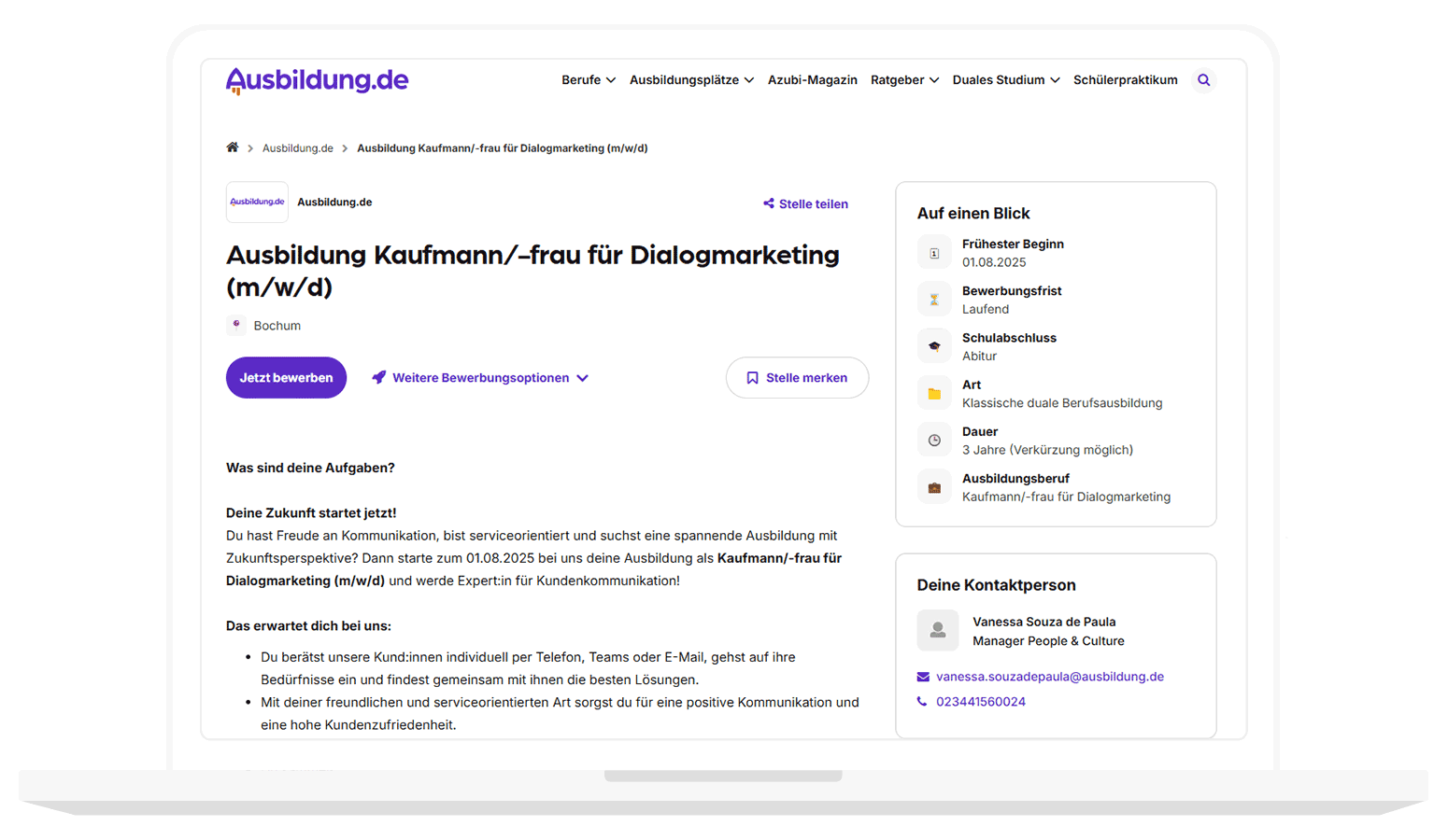 Mockup mit Screenshot einer Stellenanzeige im Dialogmarketing