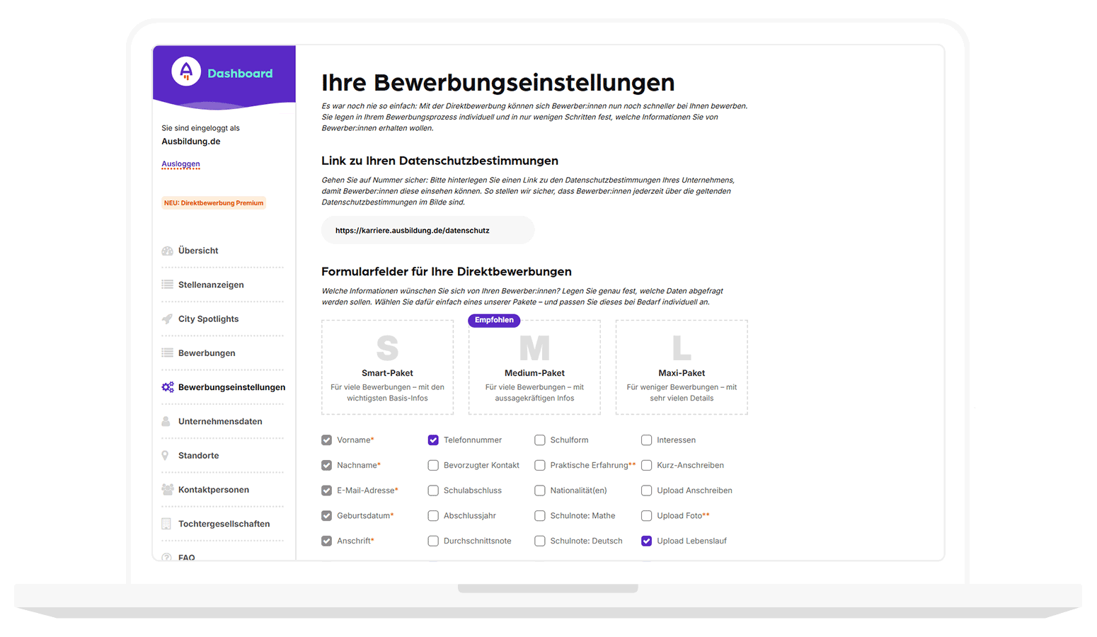 Mockup mit Bewerbungseinstellungen auf Ausbildung.de