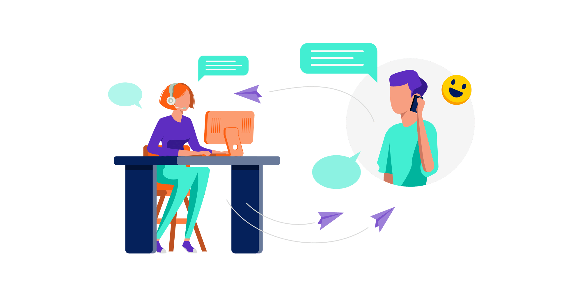 Graphische Darstellung von Callcenter Mitarbeiterin am Arbeitsplatz, telefonierend mit Kunden