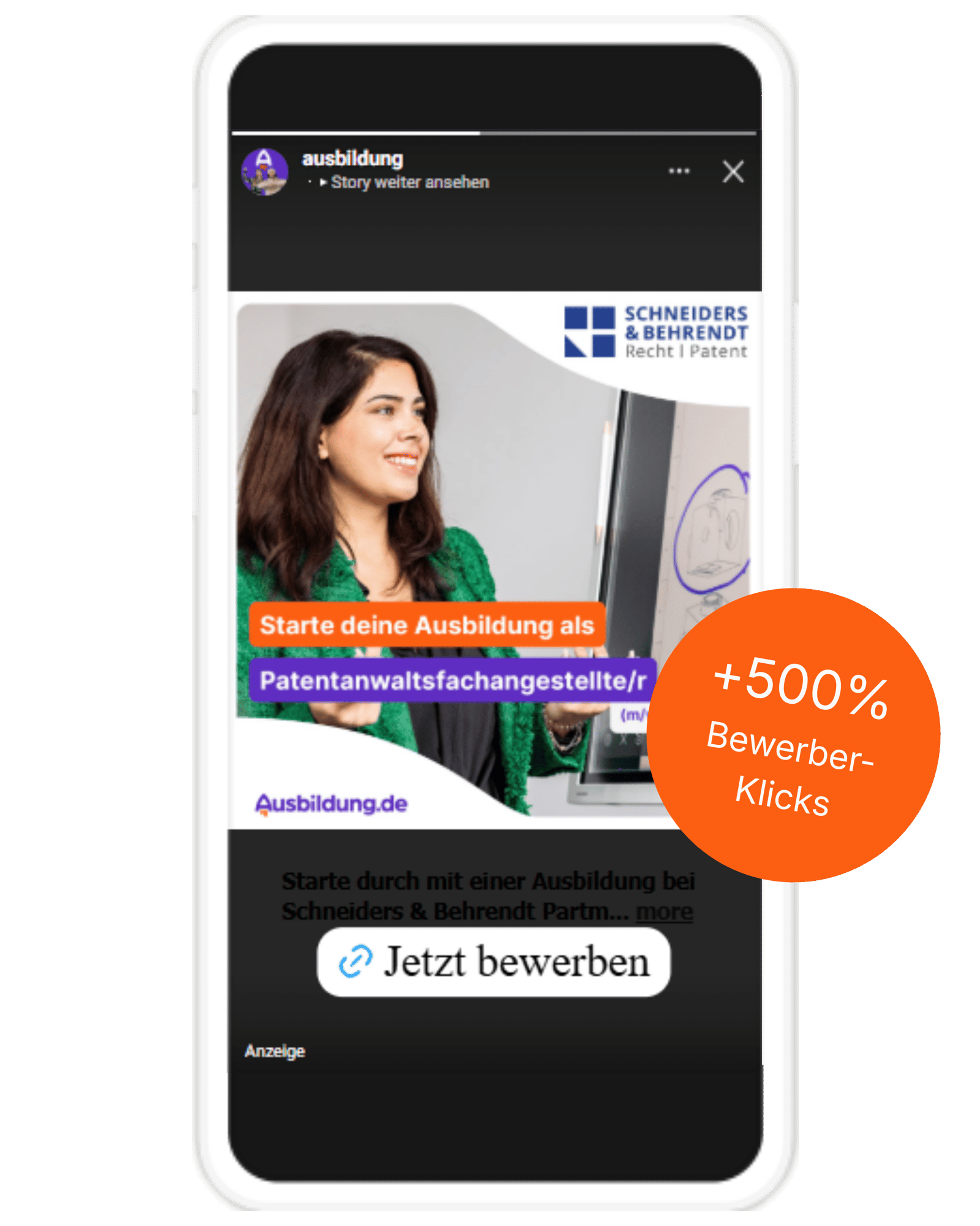 Instagram-Werbeanzeige im Smartphone-Mockup für Rechtsanwaltsfachangestellte:r mit Hinweis auf Performance-Steigerung durch Social Booster