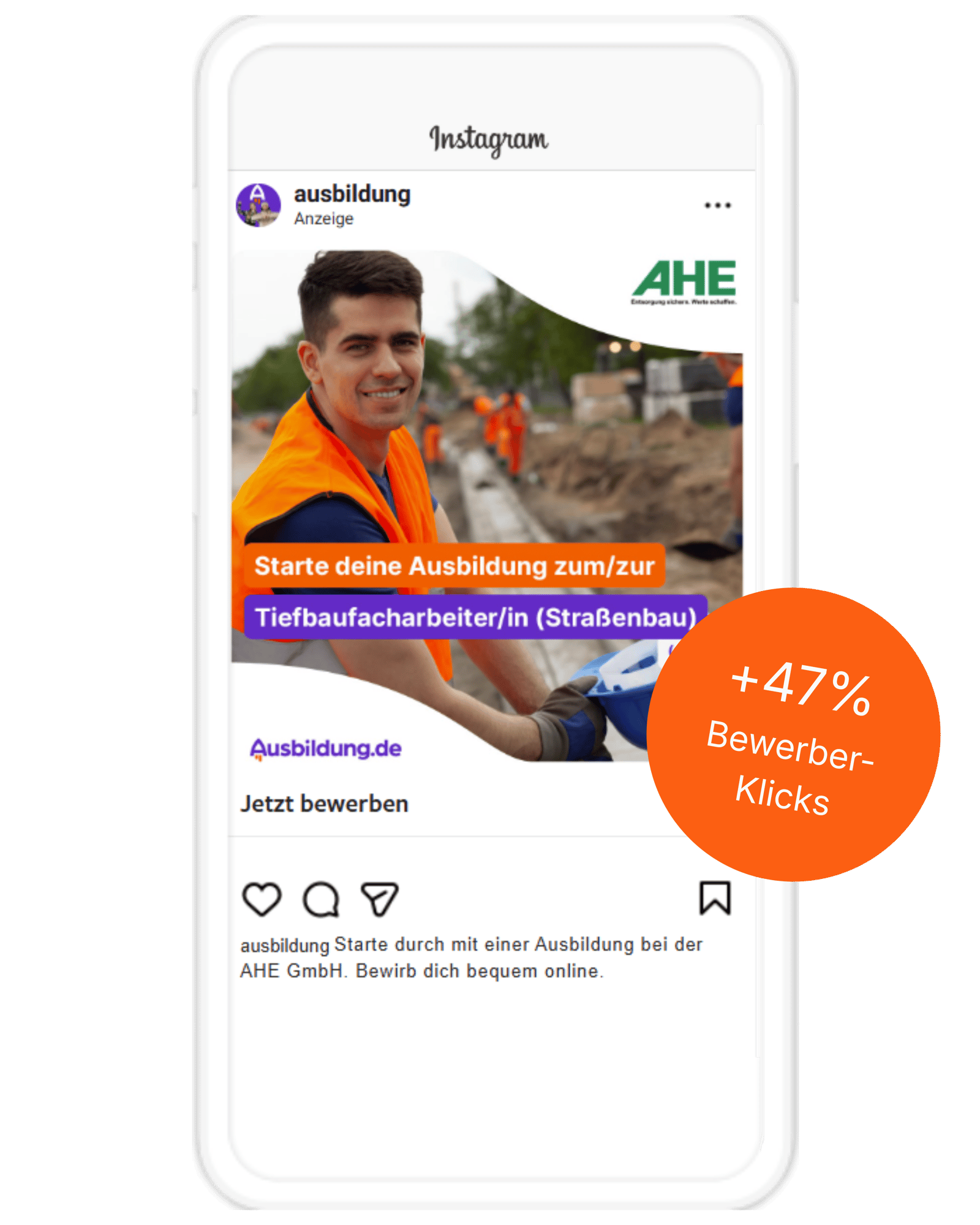 Instagram-Werbeanzeige im Smartphone-Mockup für AHE GmbH mit Hinweis auf Performance-Steigerung durch Social Booster