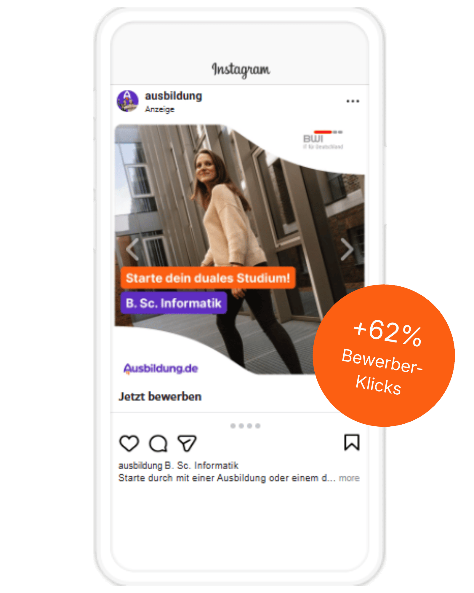 Instagram-Werbeanzeige im Smartphone-Mockup für diverse Ausbildungsberufe mit Hinweis auf Performance-Steigerung durch Social Booster