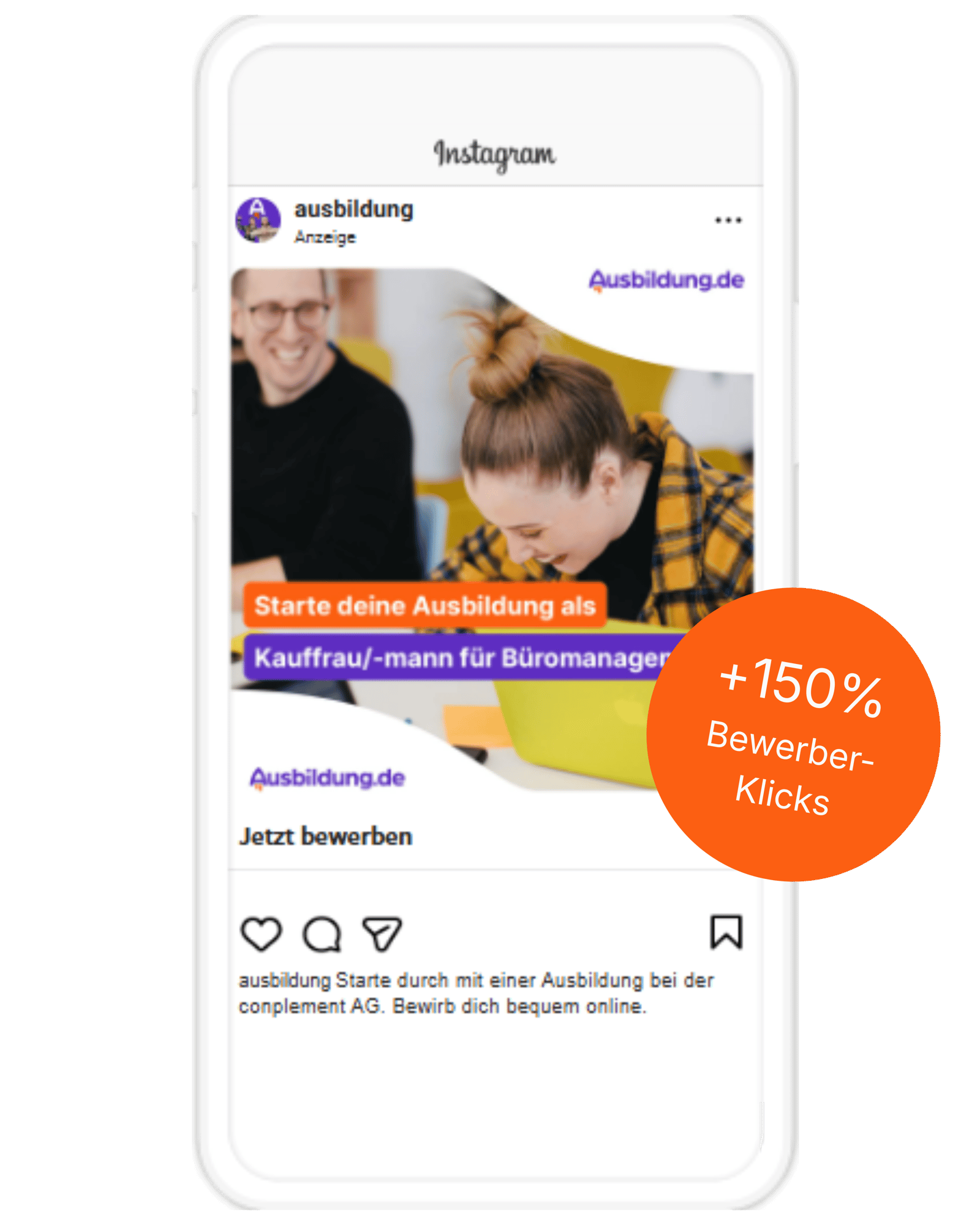 Instagram-Werbeanzeige im Smartphone-Mockup für Kauffrau/ -mann für Büromanagement mit Hinweis auf Performance-Steigerung durch Social Booster