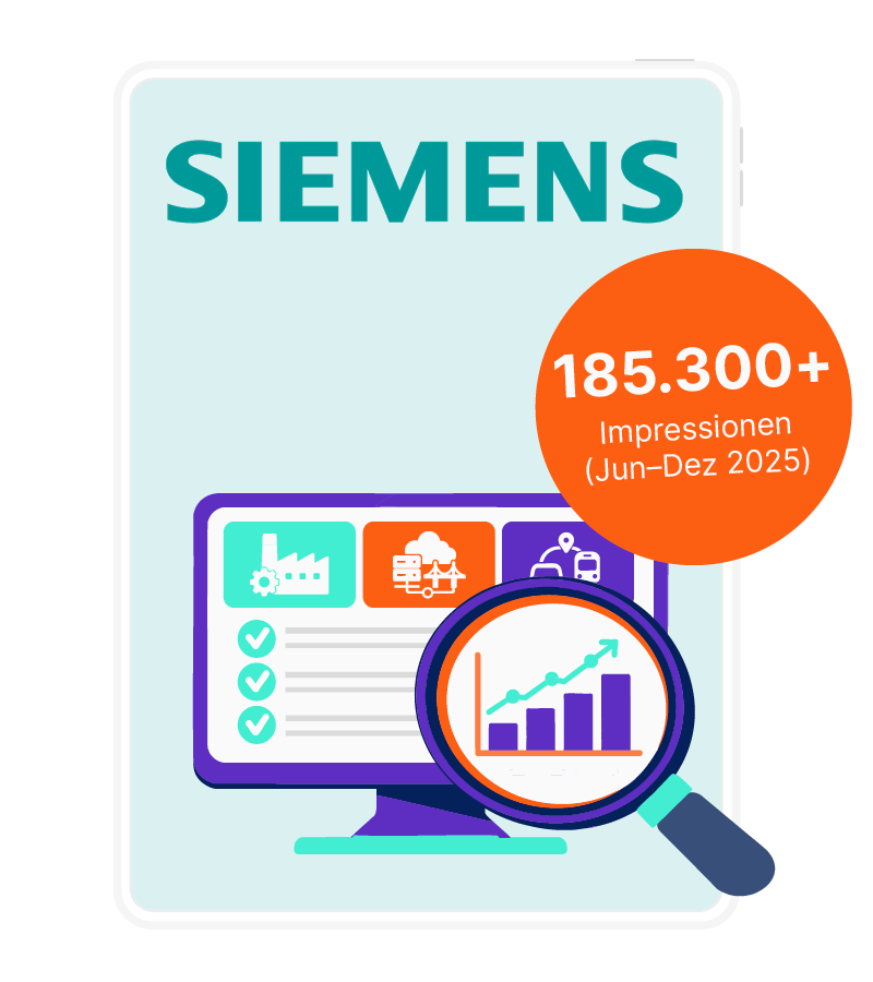 Case Study: Azubi-Recruiting für Siemens mit Ausbildung.de – Laptop mit Icons und stilisierten Diagrammen