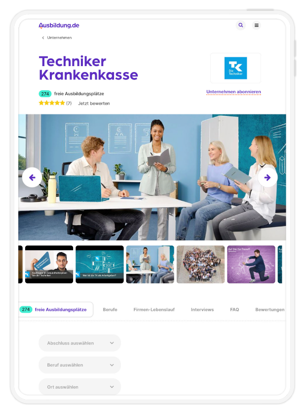 Tablet Mockup eines Unternehmensprofils der Techniker Krankenkasse