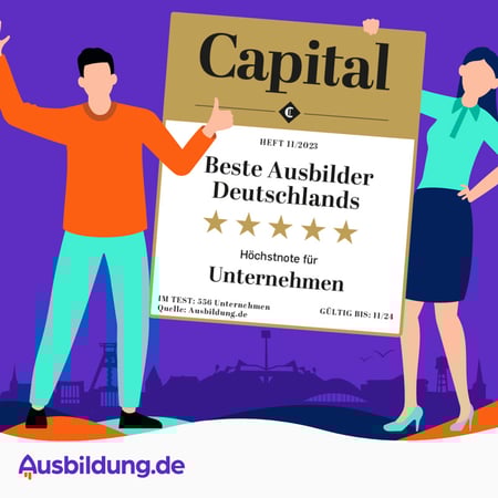 Illustration von zwei Personen, die ein großes CAPITAL-Zertifikat mit der Aufschrift ‚Beste Ausbilder Deutschlands‘ und fünf Sternen präsentieren.
