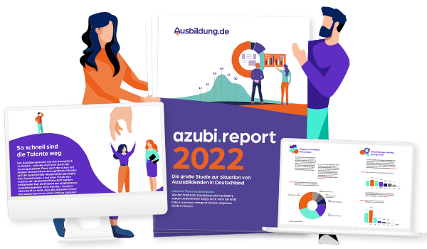 Titelseite des azubi.report und Seitenauszüge mit Text und Grafiken