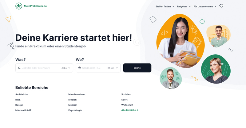 Screenshot der Startseite von MeinPraktikum.de
