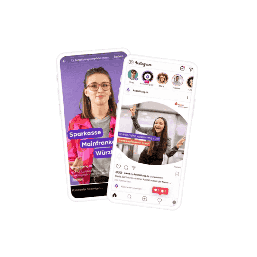 Zwei Smartphones mit Social-Media-Ads von Ausbildung.de – links Creatorin empfiehlt Sparkasse Mainfranken, rechts Instagram-Post zur Ausbildung Bankkaufmann/-frau.